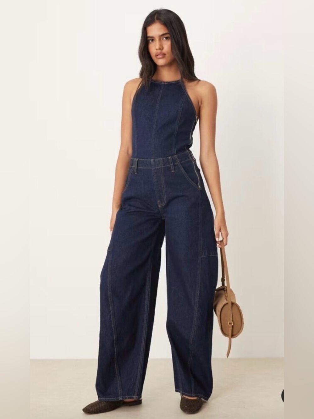Abercrombie & Fitch Dark Blue Denim Halter Jumpsuit with Barrel Legs